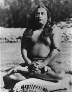 Paramhansa Yogananda in Lotus Pose on a Rock